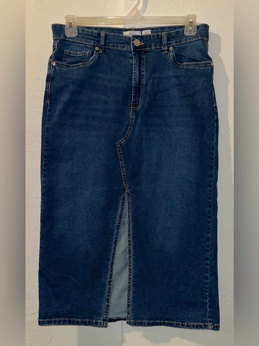 Serra Long Blue Denim Split Front High Waist Jean Maxi Skirt